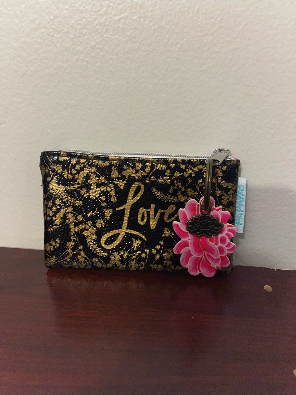 Papaya Black and Gold 'Love' Zip Pouch with Pink Flower Charm